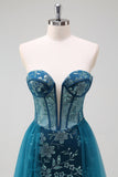 Sparkly Peacock Blue Strapless Corset Long Mermaid Prom Dress with Slit