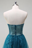 Sparkly Peacock Blue Strapless Corset Long Mermaid Prom Dress with Slit