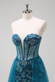 Sparkly Peacock Blue Strapless Corset Long Mermaid Prom Dress with Slit
