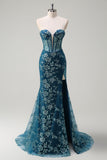 Sparkly Peacock Blue Strapless Corset Long Mermaid Prom Dress with Slit