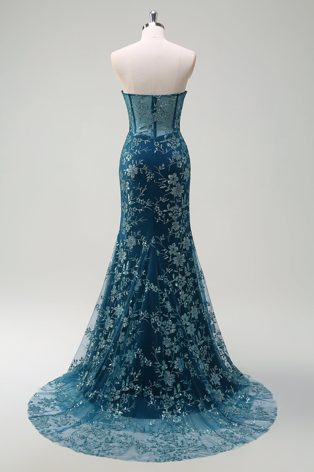 Sparkly Peacock Blue Strapless Corset Long Mermaid Prom Dress with Slit