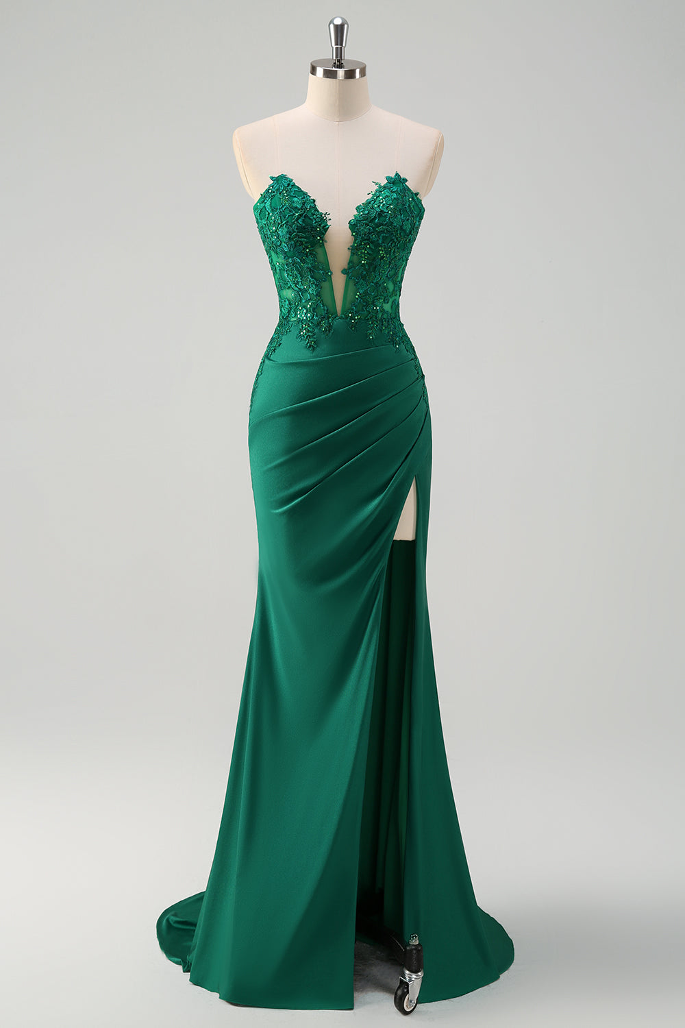 Green Mermaid Strapless Corset Sequin Long Prom Dress with Slit