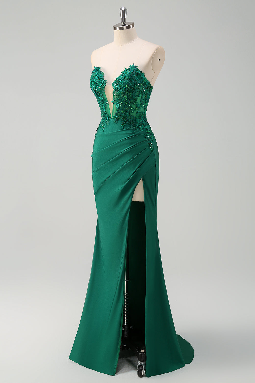 Green Mermaid Strapless Corset Sequin Long Prom Dress with Slit