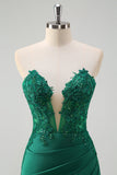 Green Mermaid Strapless Corset Sequin Long Prom Dress with Slit