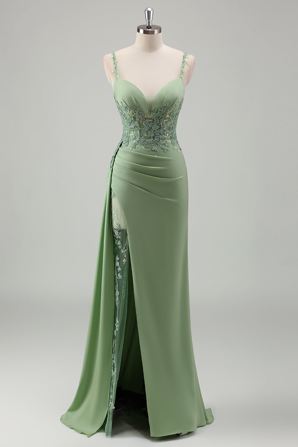 Sparkly Light Green Mermaid Appliqued Long Prom Dress with Slit