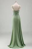 Sparkly Light Green Mermaid Appliqued Long Prom Dress with Slit