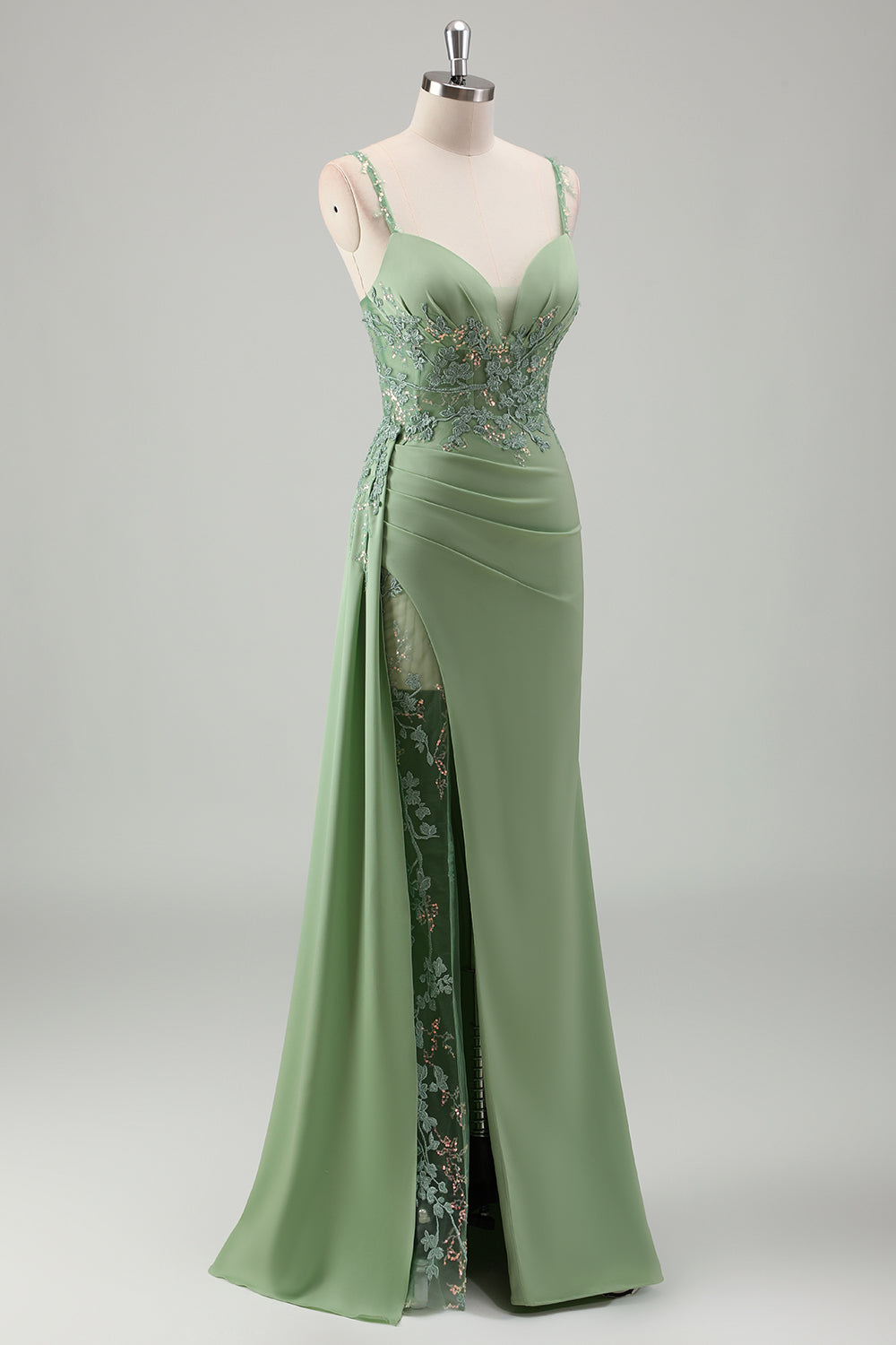 Sparkly Light Green Mermaid Appliqued Long Prom Dress with Slit