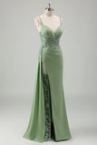 Sparkly Light Green Mermaid Appliqued Long Prom Dress with Slit