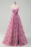 Pinkish Purple A-Line Spaghetti Straps Floral Long Prom Dress with Slit