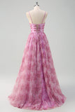 Pinkish Purple A-Line Spaghetti Straps Floral Long Prom Dress with Slit