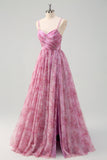 Pinkish Purple A-Line Spaghetti Straps Floral Long Prom Dress with Slit