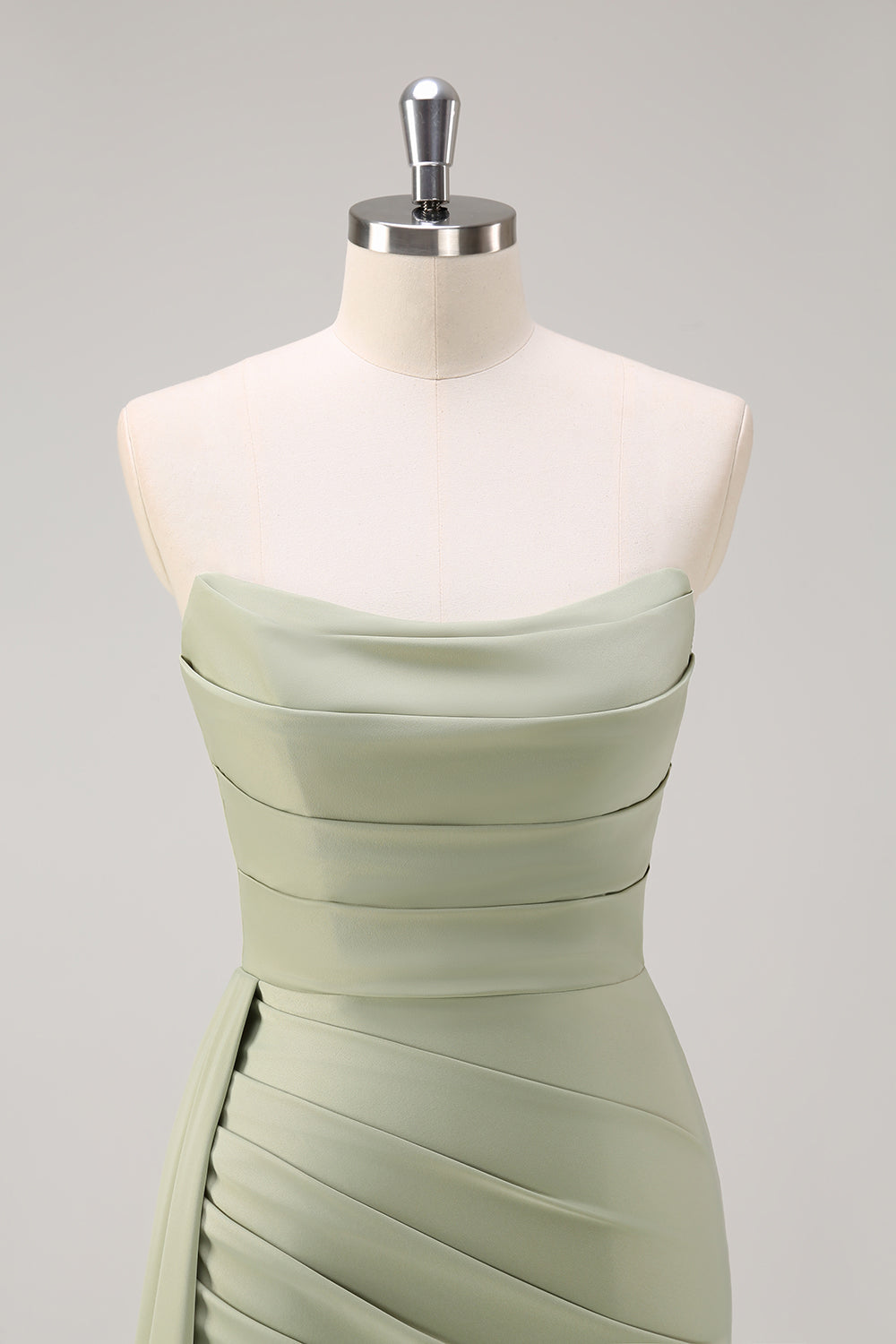 Sage Mermaid Strapless Ruched Side Overskirt Bridesmaid Dress with Slit