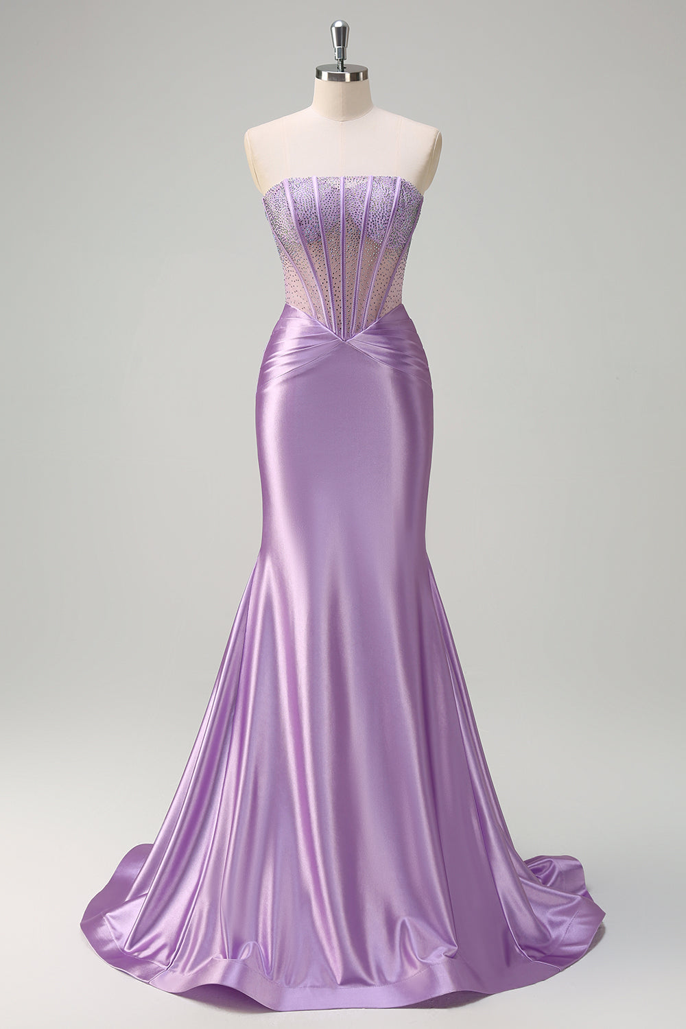 Purple Beaded Mermaid Corset Strapless Long Prom Dress
