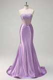 Purple Beaded Mermaid Corset Strapless Long Prom Dress