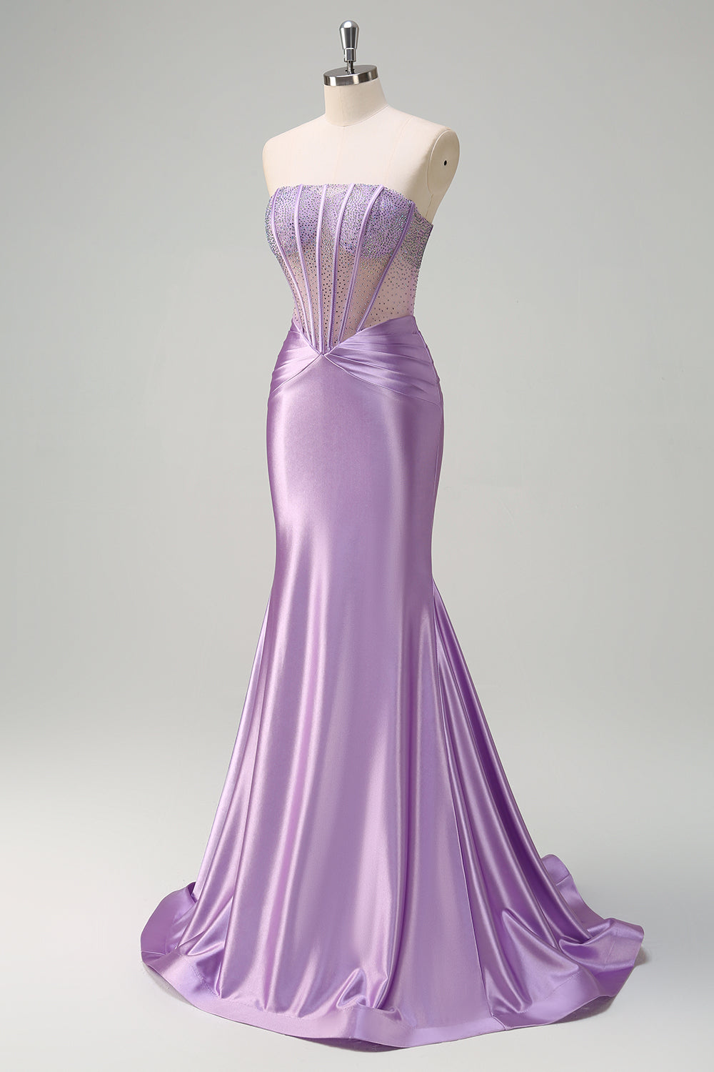 Mermaid Strapless Sheer Corset Lilac Long Prom Dress with Beading