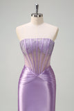 Mermaid Strapless Sheer Corset Lilac Long Prom Dress with Beading