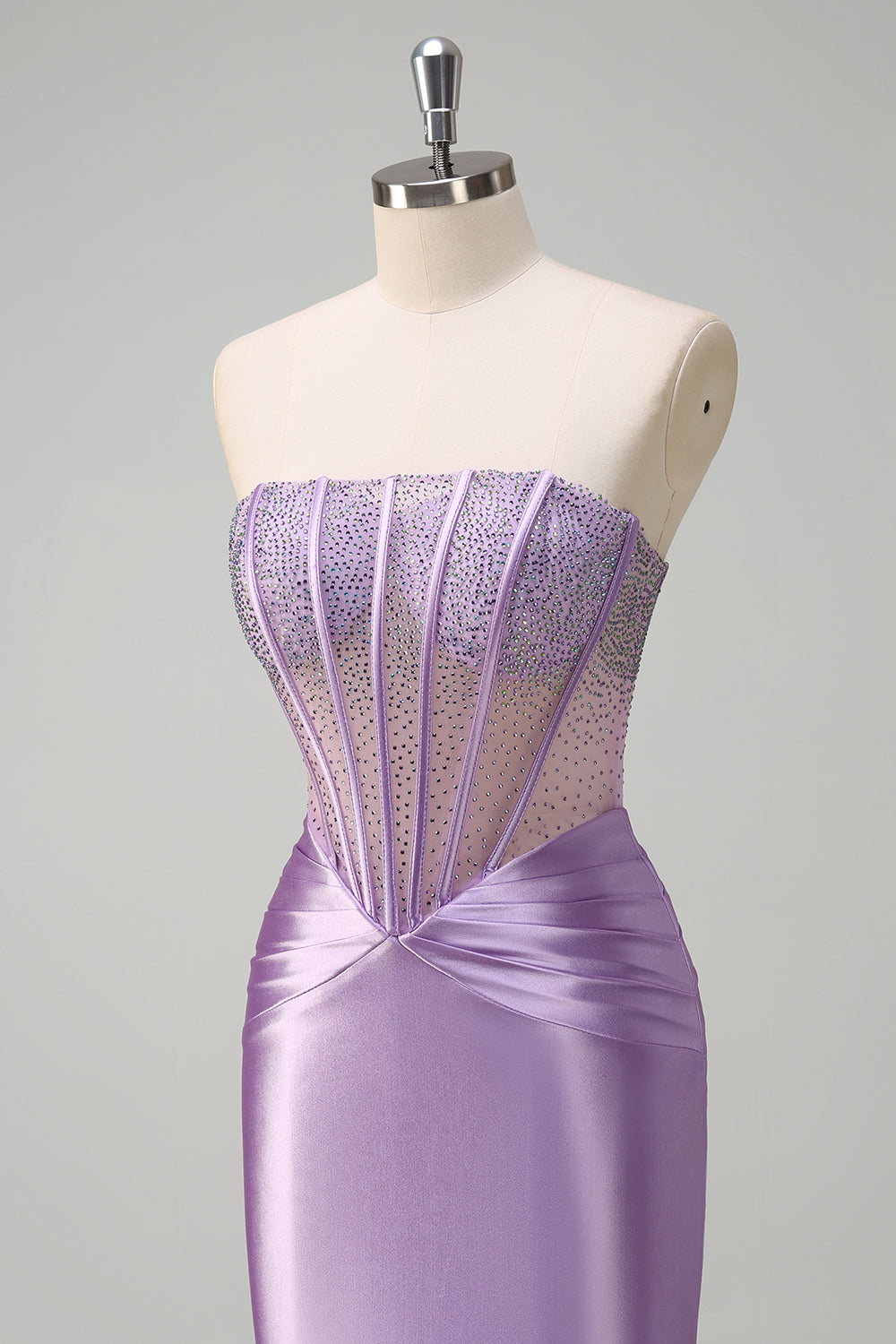 Mermaid Strapless Sheer Corset Lilac Long Prom Dress with Beading