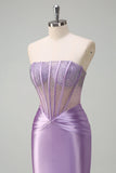 Mermaid Strapless Sheer Corset Lilac Long Prom Dress with Beading