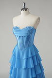 Blue A Line Sweetheart Ruffled Corset Long Prom Dress with Slit