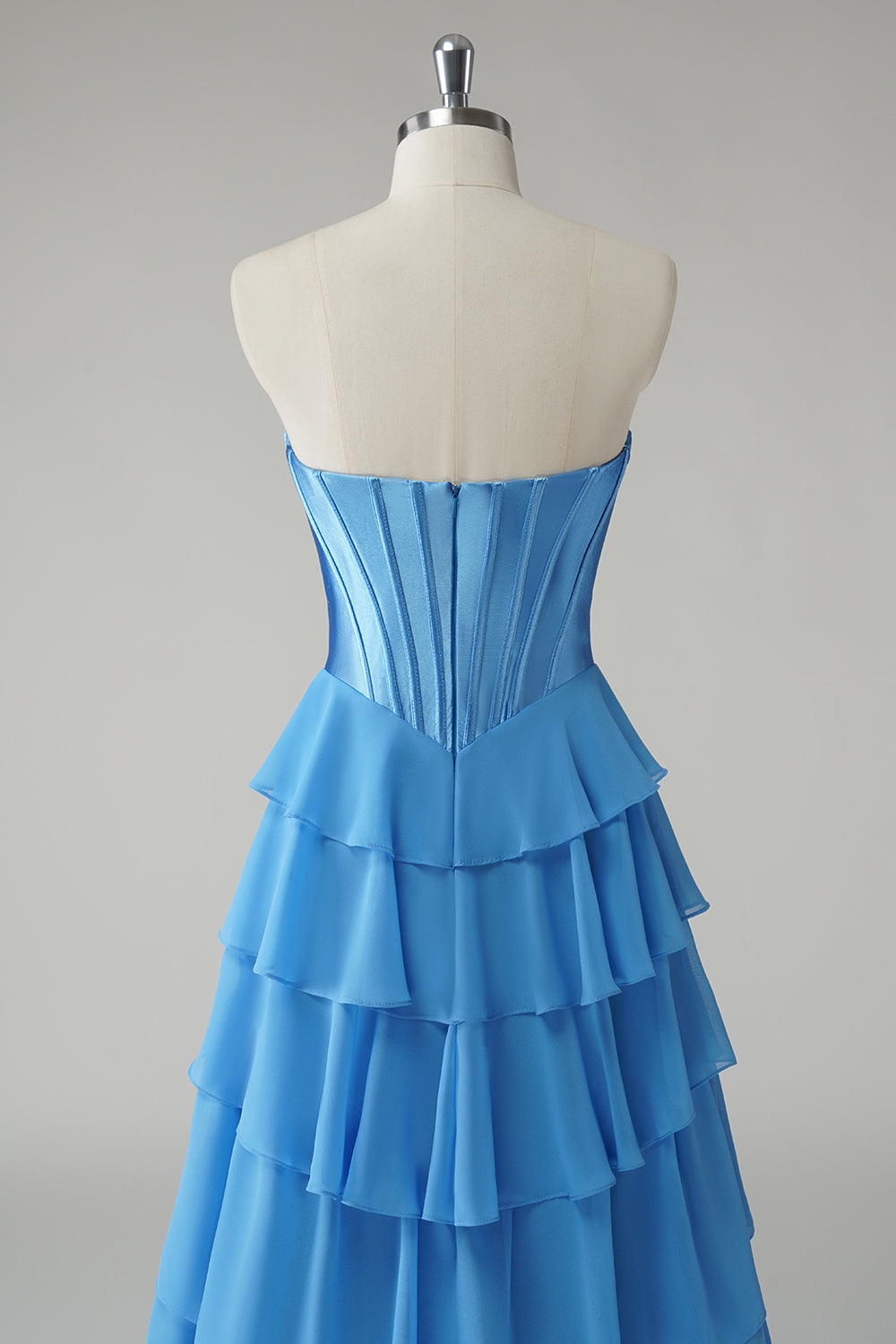 Blue A Line Sweetheart Ruffled Corset Long Prom Dress with Slit