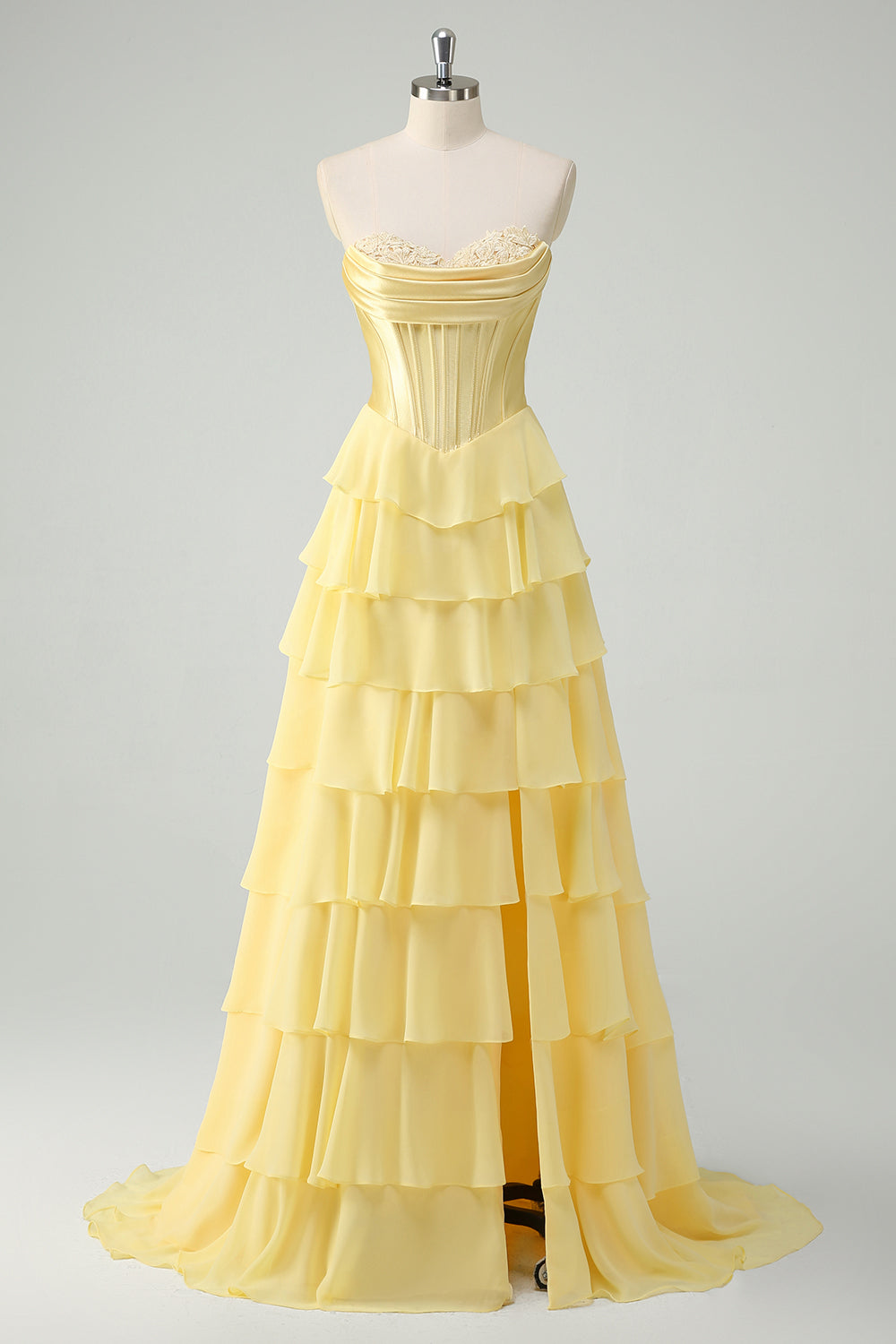 Yellow A Line Strapless Corset Tiered Prom Dress with Ruffles