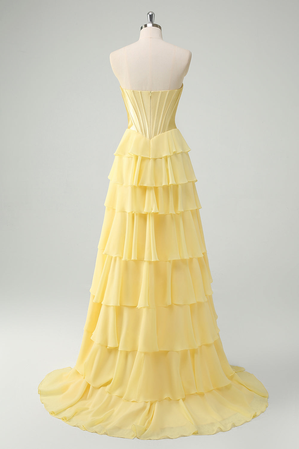 Yellow A Line Strapless Corset Tiered Prom Dress with Ruffles