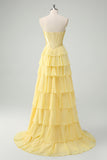 Yellow A Line Strapless Corset Tiered Prom Dress with Ruffles