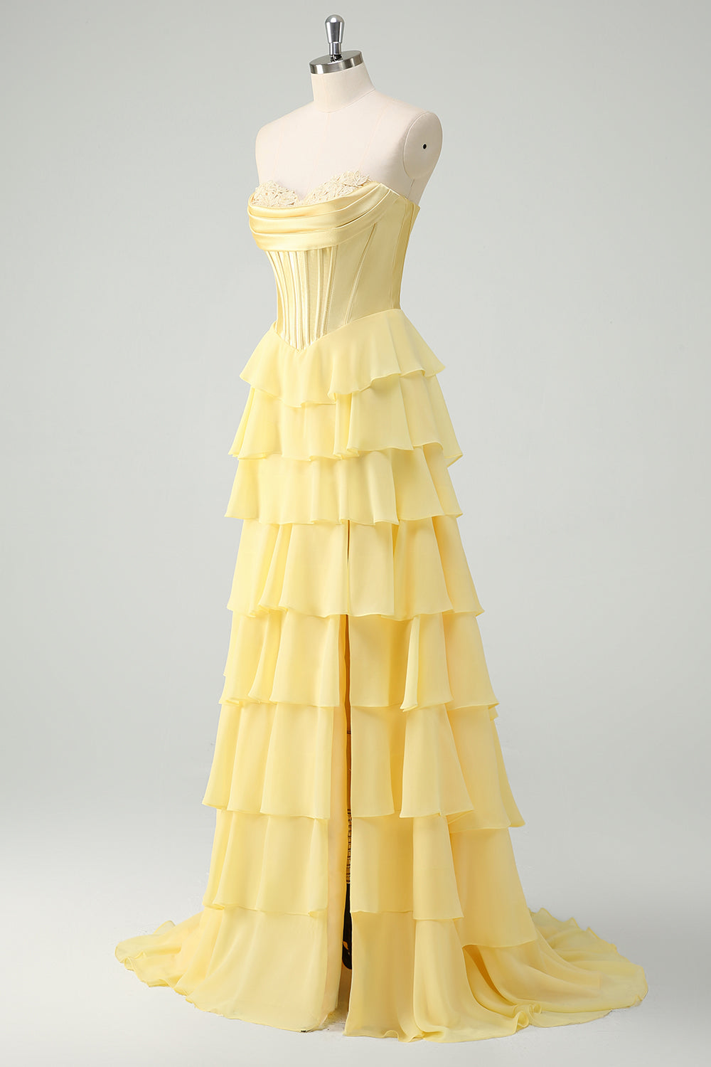 Yellow A Line Strapless Corset Tiered Prom Dress with Ruffles