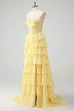 Yellow A Line Strapless Corset Tiered Prom Dress with Ruffles