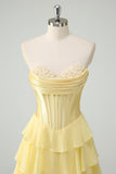 Yellow A Line Strapless Corset Tiered Prom Dress with Ruffles