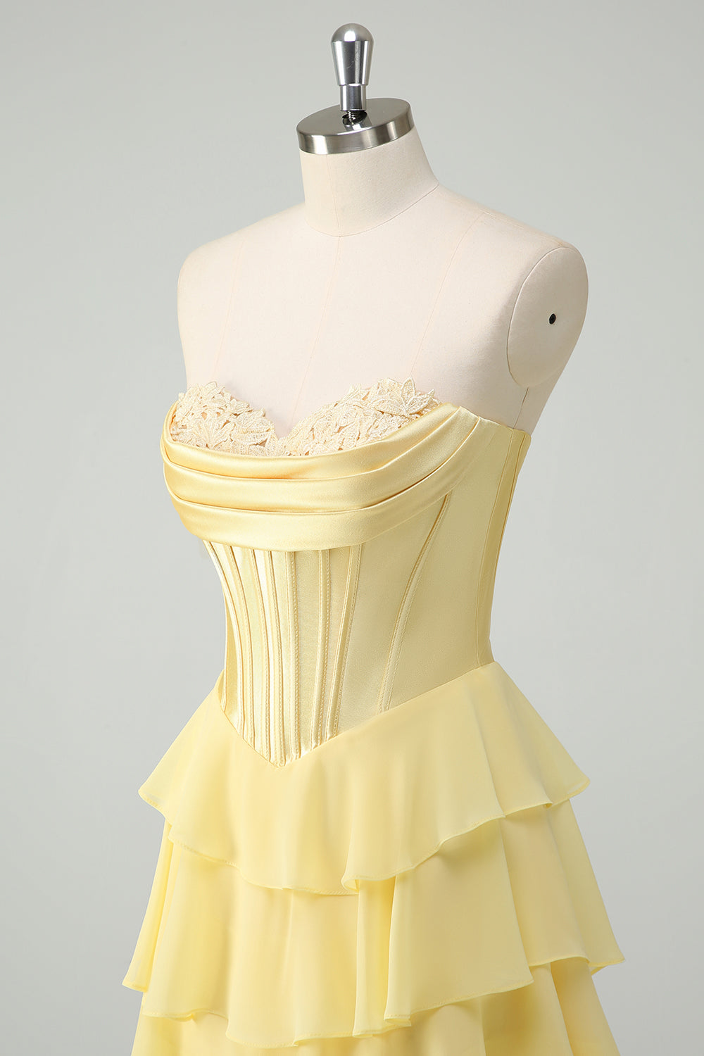 Yellow A Line Strapless Corset Tiered Prom Dress with Ruffles