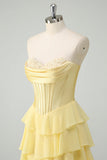 Yellow A Line Strapless Corset Tiered Prom Dress with Ruffles