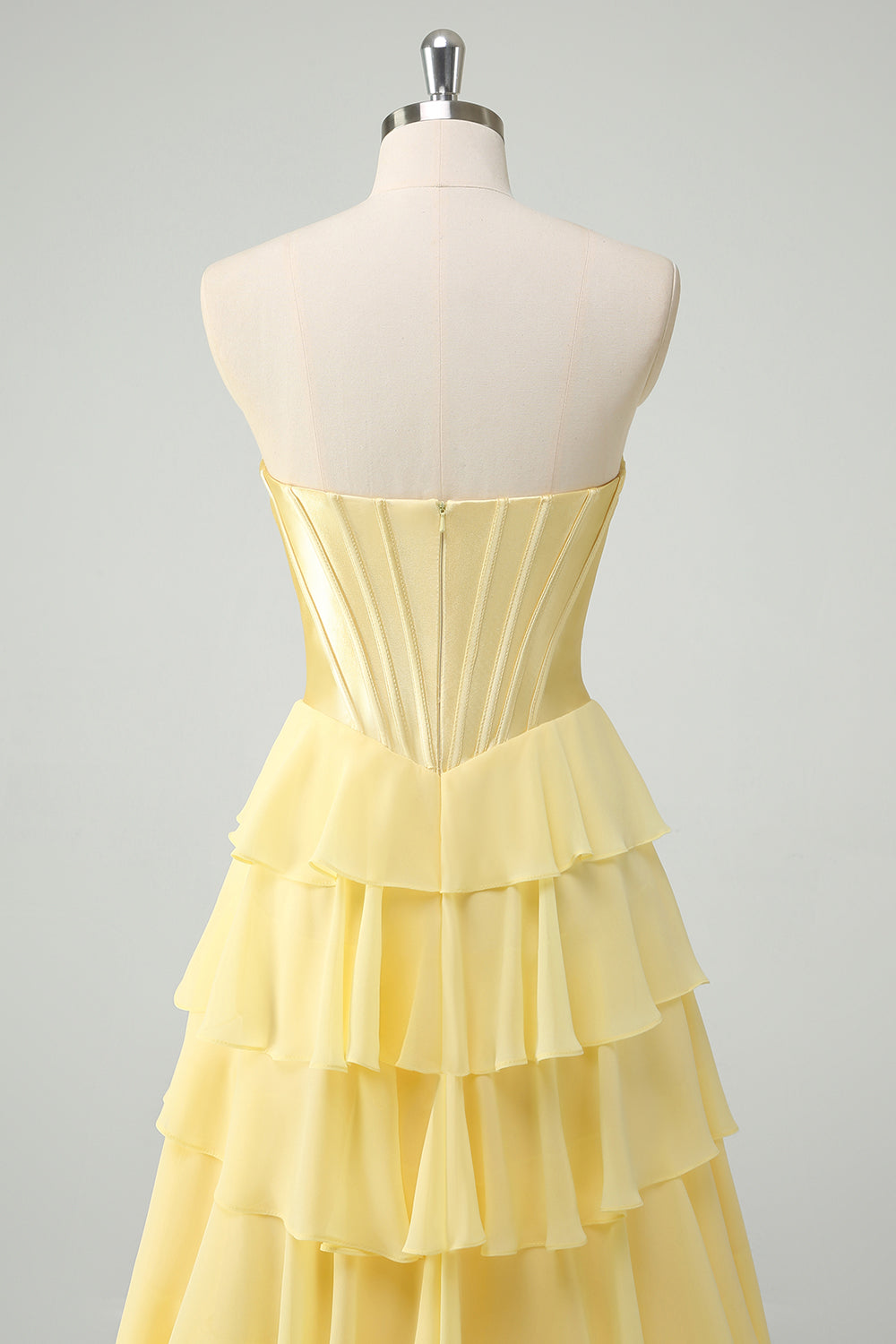 Yellow A Line Strapless Corset Tiered Prom Dress with Ruffles