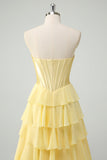 Yellow A Line Strapless Corset Tiered Prom Dress with Ruffles