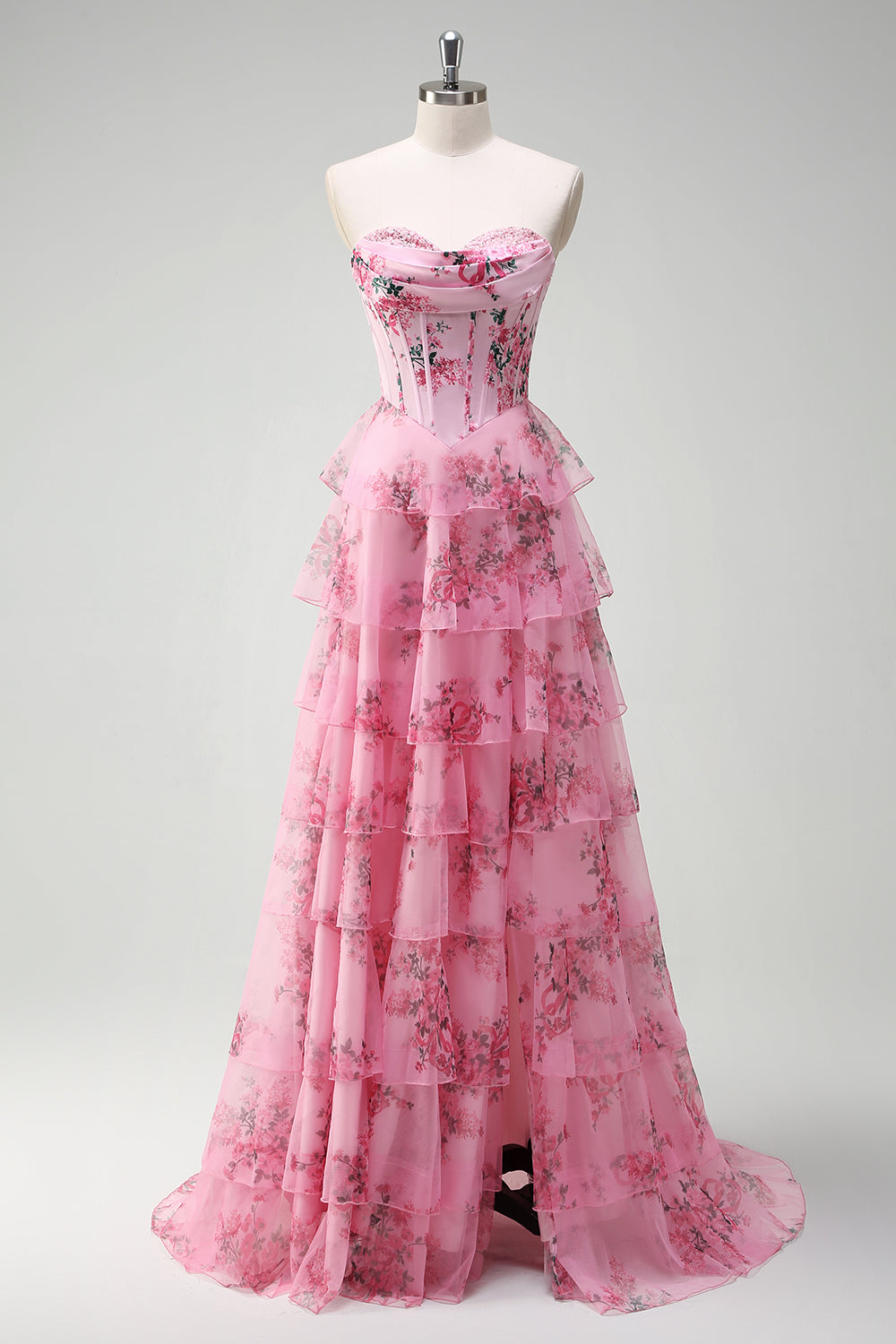 Blush Floral Strapless A Line Corset Tiered Long Prom Dress with Slit