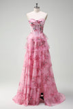 Blush Floral Strapless A Line Corset Tiered Long Prom Dress with Slit