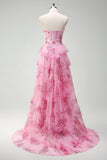 Blush Floral Strapless A Line Corset Tiered Long Prom Dress with Slit