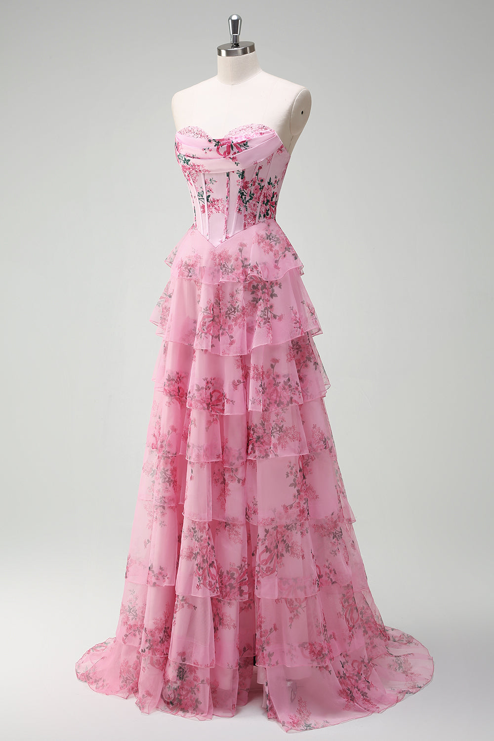 Blush Floral Strapless A Line Corset Tiered Long Prom Dress with Slit