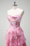 Blush Floral Strapless A Line Corset Tiered Long Prom Dress with Slit