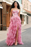 Blush Floral Strapless A Line Corset Tiered Long Prom Dress with Slit