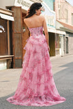 Blush Floral Strapless A Line Corset Tiered Long Prom Dress with Slit