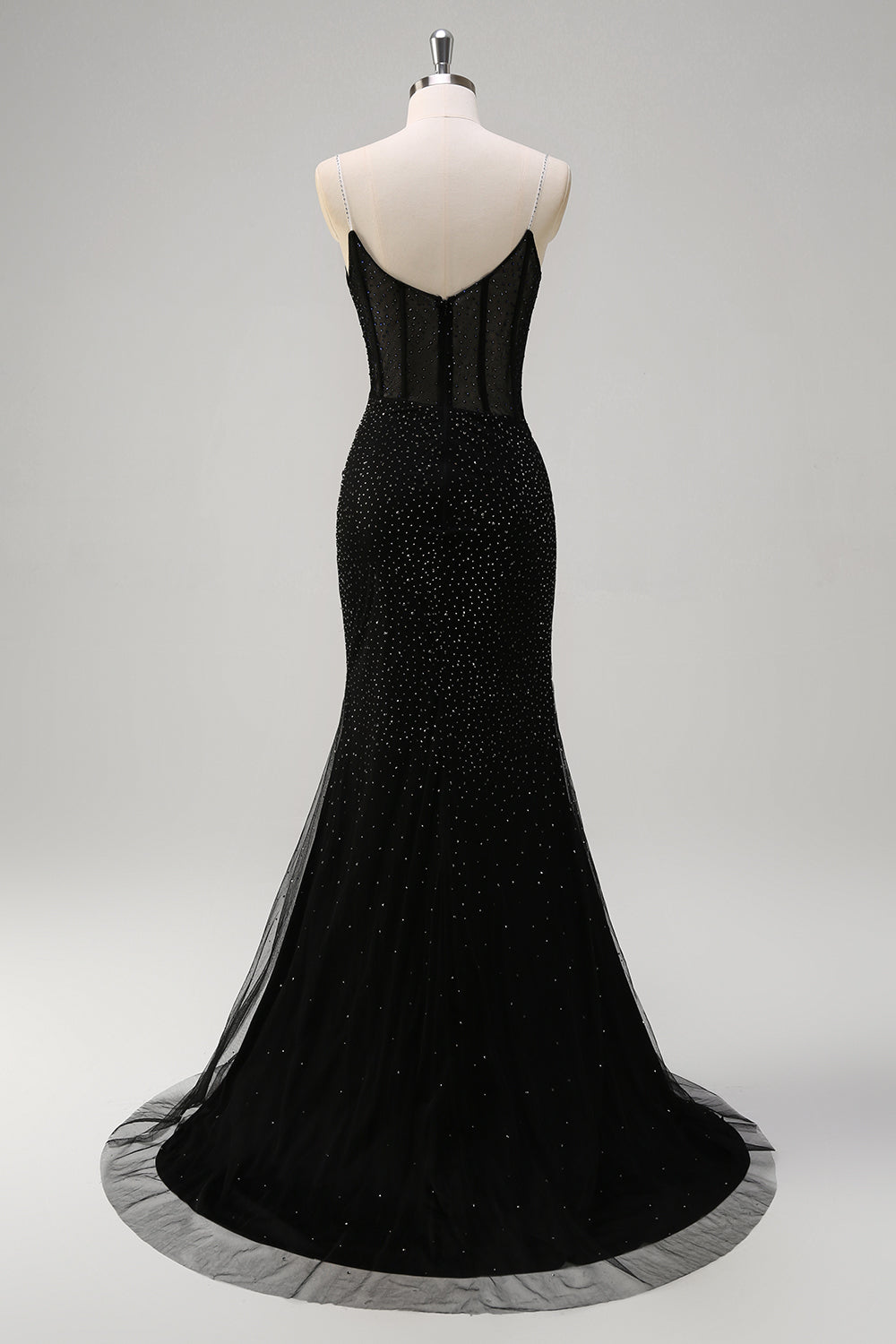 Sparkly Black Mermaid Corset Beaded Long Prom Dress with Slit