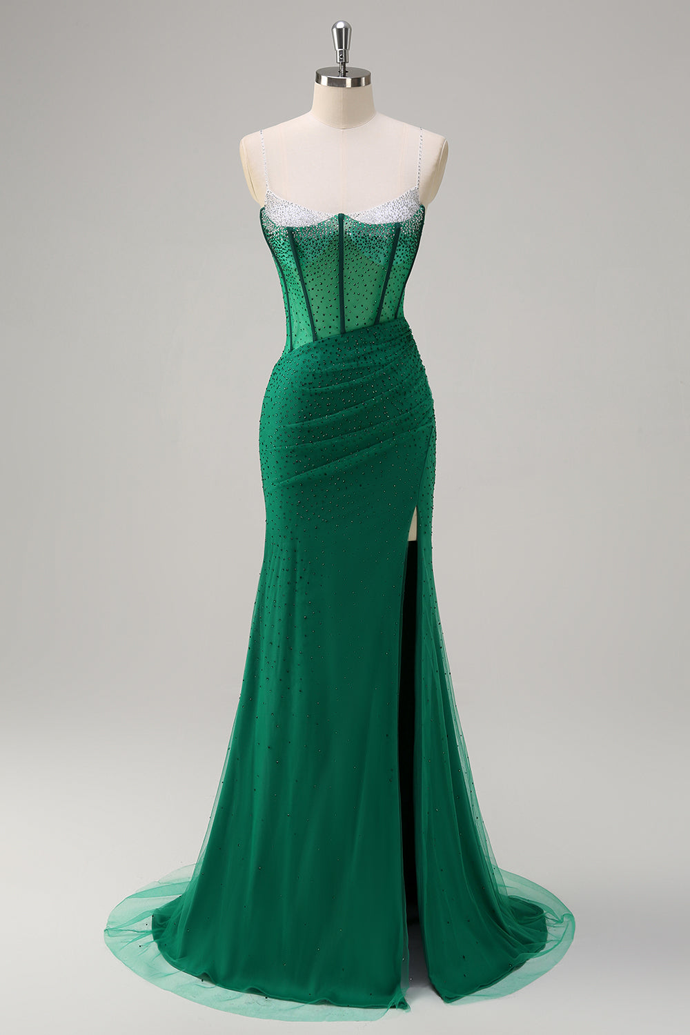 Dark Green Mermaid Spaghetti Straps Beaded Corset Long Prom Dress with Slit
