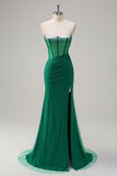 Dark Green Mermaid Spaghetti Straps Beaded Corset Long Prom Dress with Slit