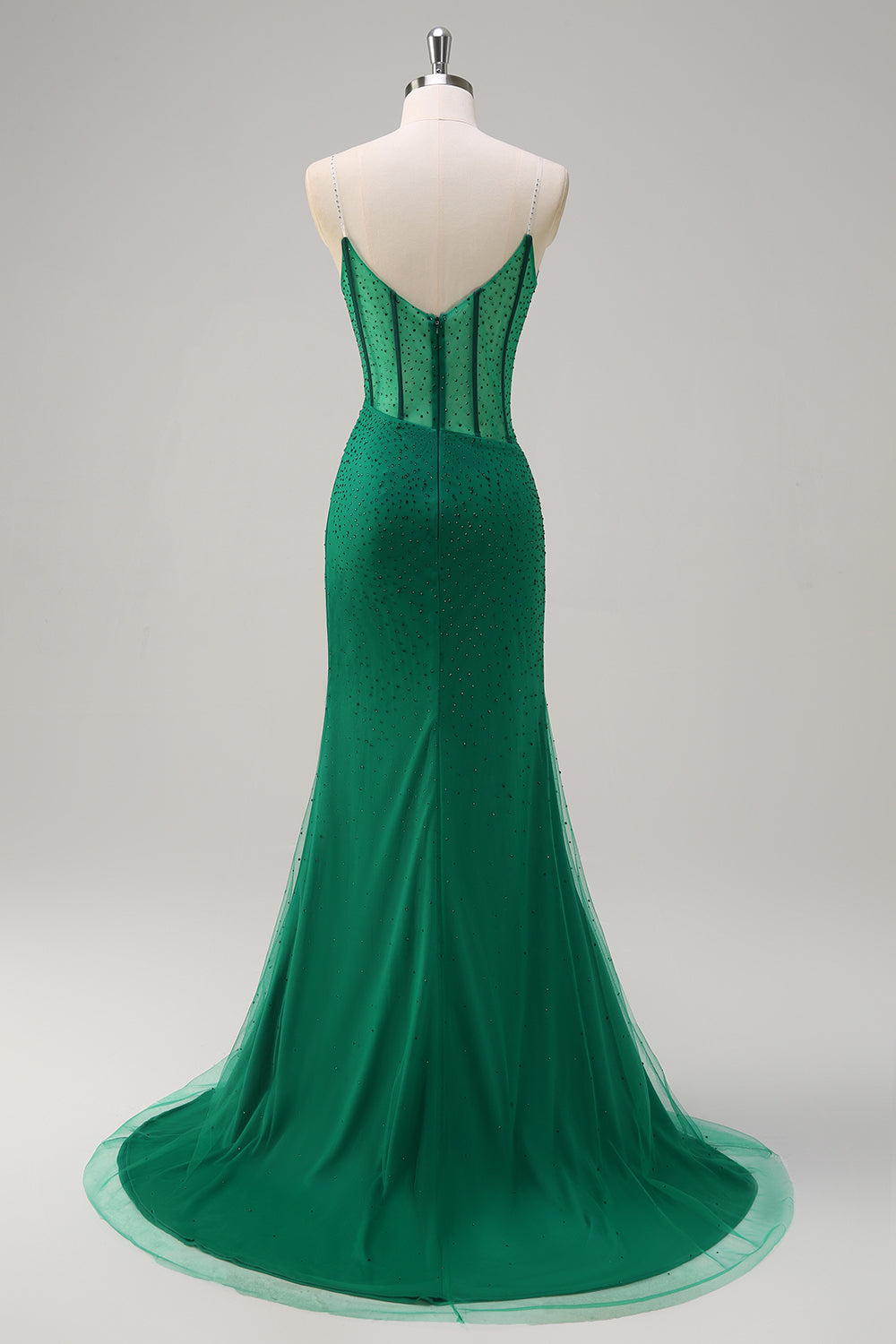 Dark Green Mermaid Spaghetti Straps Beaded Corset Long Prom Dress with Slit