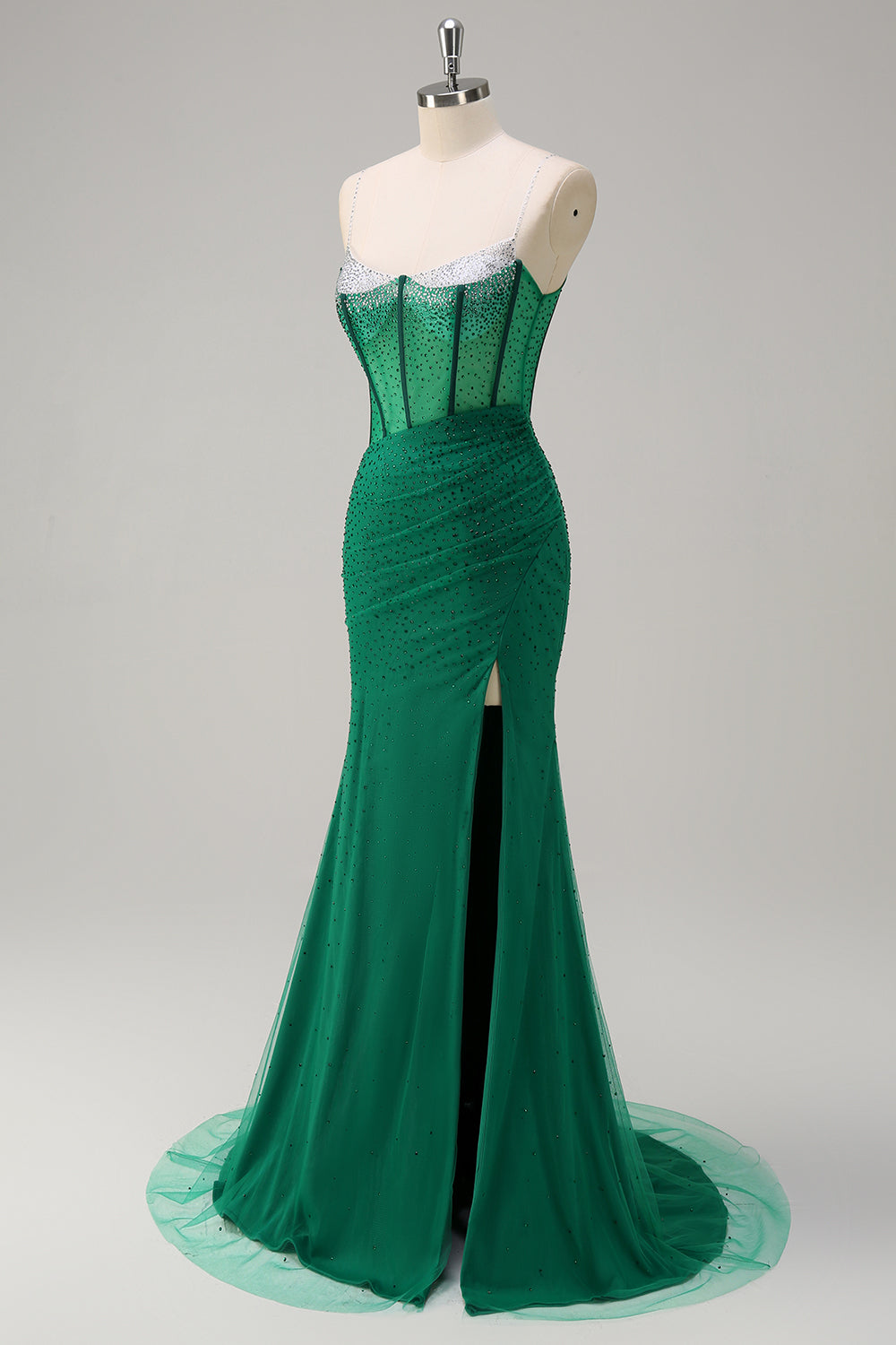 Dark Green Mermaid Spaghetti Straps Beaded Corset Long Prom Dress with Slit