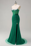 Dark Green Mermaid Spaghetti Straps Beaded Corset Long Prom Dress with Slit
