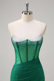 Dark Green Mermaid Spaghetti Straps Beaded Corset Long Prom Dress with Slit