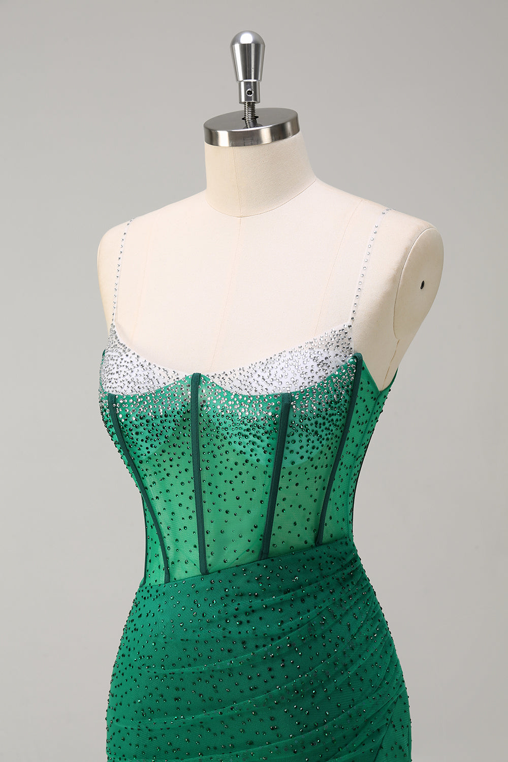 Dark Green Mermaid Spaghetti Straps Beaded Corset Long Prom Dress with Slit