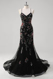 Black Mermaid Spaghetti Straps Appliqued Long Prom Dress With Sequins